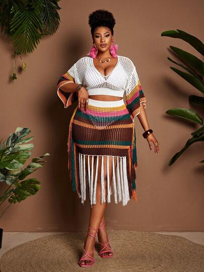 Maweii Plus Size Women's Knitted 2-Piece Set, Multi-Color, Multicolored, Short-Sleeved Top + Mini Skirt, V-Neck, Tassel, Vacation, Seaside, Sexy, Loose, Flowing, Hot Girl, Women's Outing, Women's Knitted Set, Women's Clothing, Summer, Spring, Swimsuit, Thin Swimsuit, Knitted Swimsuit