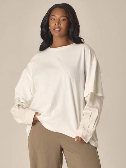 MUSERA 加大码双层条纹衬衫和T恤，春夏可爱舒适田园风上衣，春日露珠