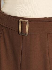 KSTM 女士棕色链条腰部拼接露脐中长裙，配腰带细节，适合秋季休闲穿着 - 棕色 - 查看 6