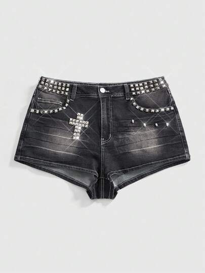 ROMWE Grunge Punk Plus Size Women Retro Rhinestone Studded Y2K Cross Distressed Denim Shorts