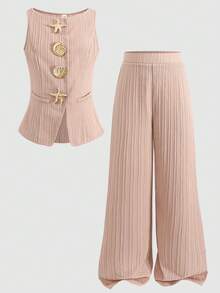 SHEIN Conjunto de chaleco sin mangas de unicolor y pantalones rectos para niña preadolescente, con decoración de metal, estrella de mar y concha, para uso casual, viajes y transporte, color albaricoque - Albaricoque - Ver 4
