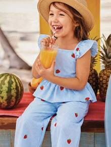 Emery Rose Kids Emery Rose Kids 2件套少女方领条纹草莓印花休闲吊带背心和长裤套装 - 白色 - 查看 1