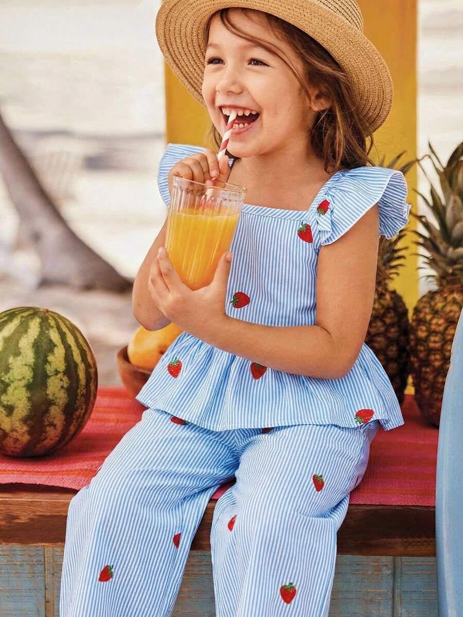 Emery Rose Kids Emery Rose Kids 2件套少女方领条纹草莓印花休闲吊带背心和长裤套装 - 白色 - 查看 1