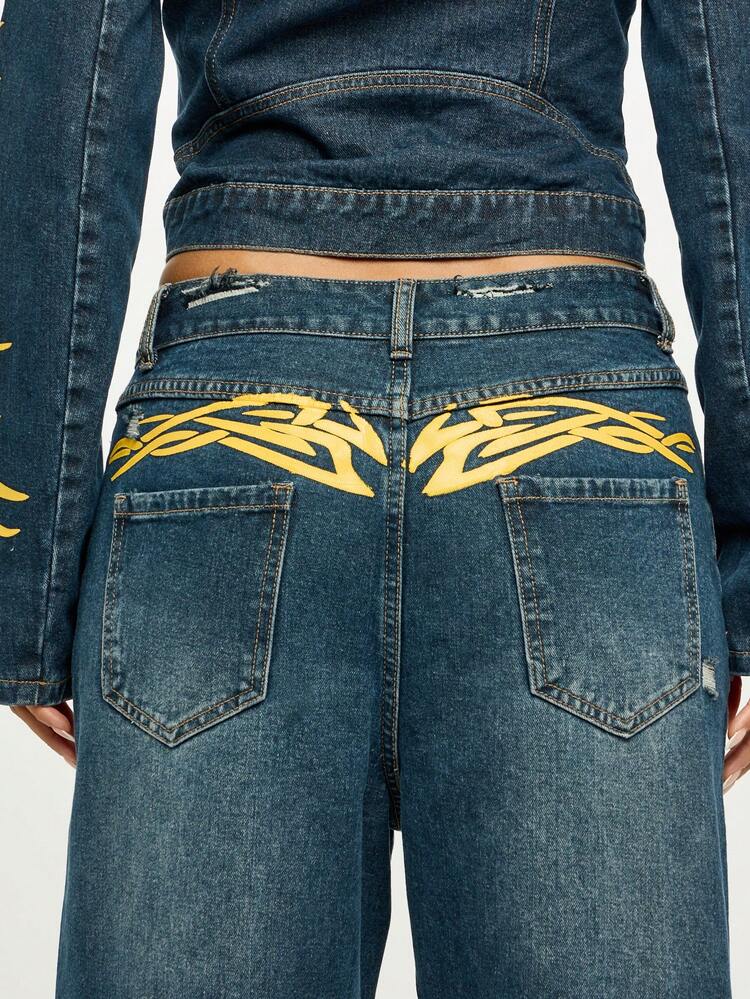 Jean taille haute à jambes larges imprimé flamme