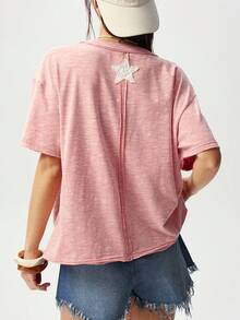 Bohemela 波西米亚风春夏休闲粉色针织圆领短袖宽松水洗女式T恤，刺绣贴花和亮片设计，情人节、返校季、嘉年华服装 - 粉色 - 查看 8