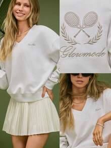 GLOWMODE 日常保暖抓绒套头衫，柔软轻盈，宽松舒适，V领设计，刺绣工艺，适合网球、高尔夫、匹克球等运动，日常休闲穿着。 - 白色 - 查看 8