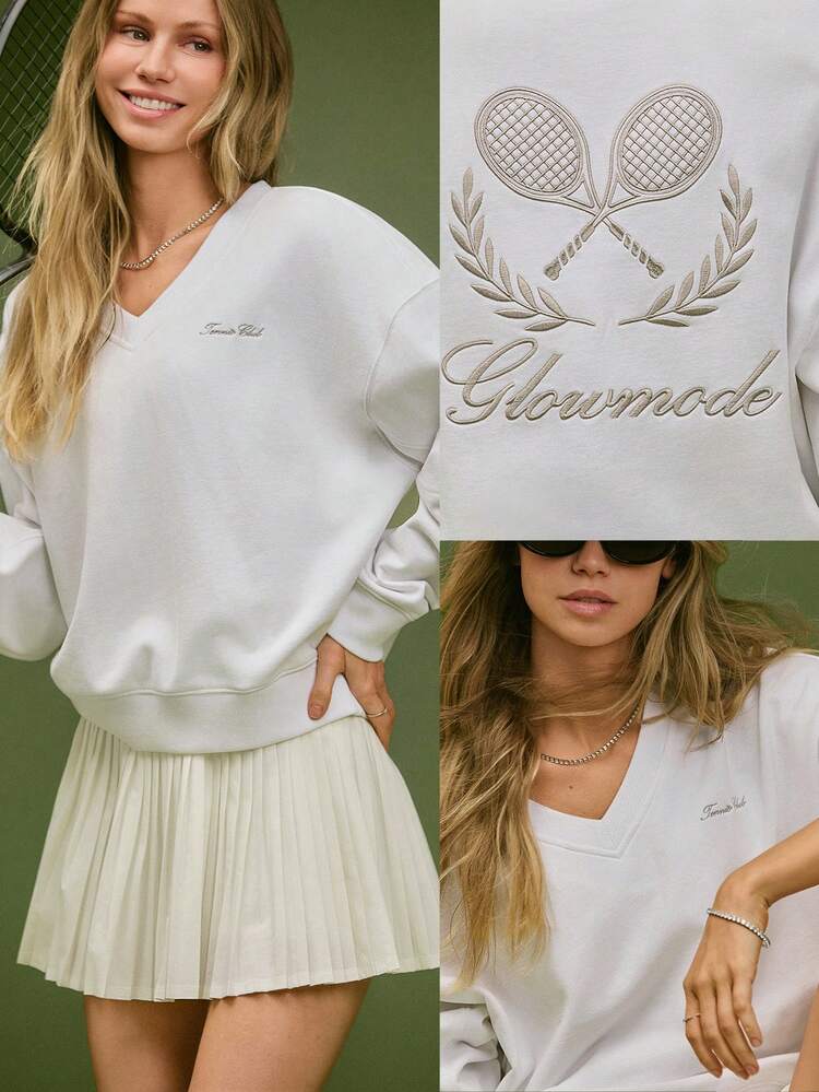 Everyday Terry Full Swing Ahead Soft Lightweight Warm Deep Waist Length Relaxed Fit Embroidered V-Neck Pullover Tennis Golf Pickleball Daily Casual Wear