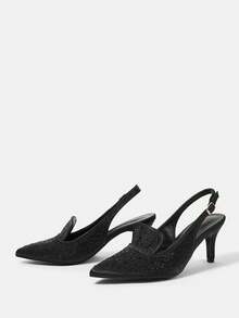 CUCCOO HITCHD Tacones altos con punta afilada y correa de tobillo con cristales negros para mujeres - Negro - Ver 10