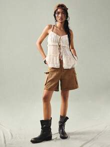 SoleilVie Women's Lace Trim Jacquard Fabric Tie Front Elegant Romantic Blouse - Apricot - View 4