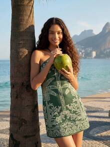 CAJUNI Tropical Print Backless Mini Dress, Suitable For Summer Vacation & Beach - Green - View 4