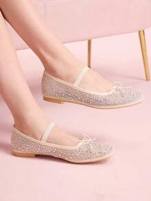 CUCCOO DOLLMOD 女士鞋履 春夏时尚 米色全菱格网纱小蝴蝶结松紧带女士平底鞋 优雅舒适透气可爱甜美玛丽珍平底鞋 - 米白色1 - 查看 4