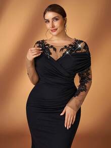 Serin Robe de soirée élégante et luxueuse de grande taille avec appliqués, manches plissées et volantées, coupe sirène. Convient pour les soirées, galas, mariages, mères de mariée. Robe de cérémonie noire élégante, robe de cocktail noire à manches longues, robe de mariée noire en dentelle, robe élégante pour femme - Noir - Voir 3