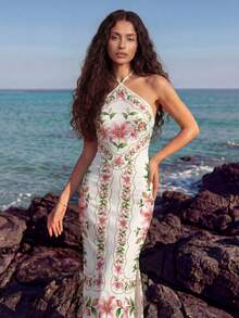 CAJUNI 玫瑰水粉花卉印花中长针织连衣裙。 - 粉色 - 查看 5