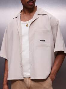 PLAYBOY X SUMWON Men's Textured Button Down Short Sleeve Shirt Classic Collar Chest Pocket Regular Fit Casual Spring Summer - Khaki - View 4