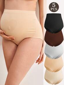 Moonlight&Mama 5 piezas/paquete Ropa interior de maternidad sin costuras de cintura alta, alta elasticidad, elegante, suave, sin restricciones, simple y cómoda para uso diario - Multicolor - Ver 1