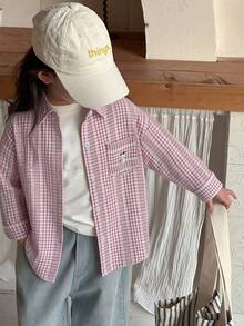 Dazy Kids Áo sơ mi dài tay cổ kẻ caro in hình hoạt hình dành cho bé gái, kiểu dáng thường ngày, đa năng, thích hợp mặc hàng ngày. - Hồng - Xem 5
