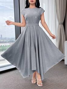 Feyla Women's Rhinestone Decor Asymmetric Hem Elegant Dress - Blue - View 5