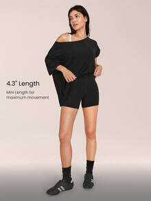 GLOWMODE 2 Pieces Tencel™ Modal 4.3''Asymmetric Relaxed Off-Shoulder Tee & 4.3" FeatherFit™ Buttery-Soft Crossover Biker Shorts Gym Cycling Running - Black - View 4