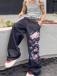 Manfinity EMRG Quần jeans ống rộng nam dáng casual in hình rồng, đã qua xử lý giặt. - Rửa tối - Xem 4