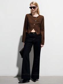 Aveloria Modichic Deep Brown Cropped Blazer With Asymmetrical Curved Hem, Round Neck, Structural Metal Button Design, Minimalist Modern Elegant Commuter Versatile - Coffee Brown - View 6