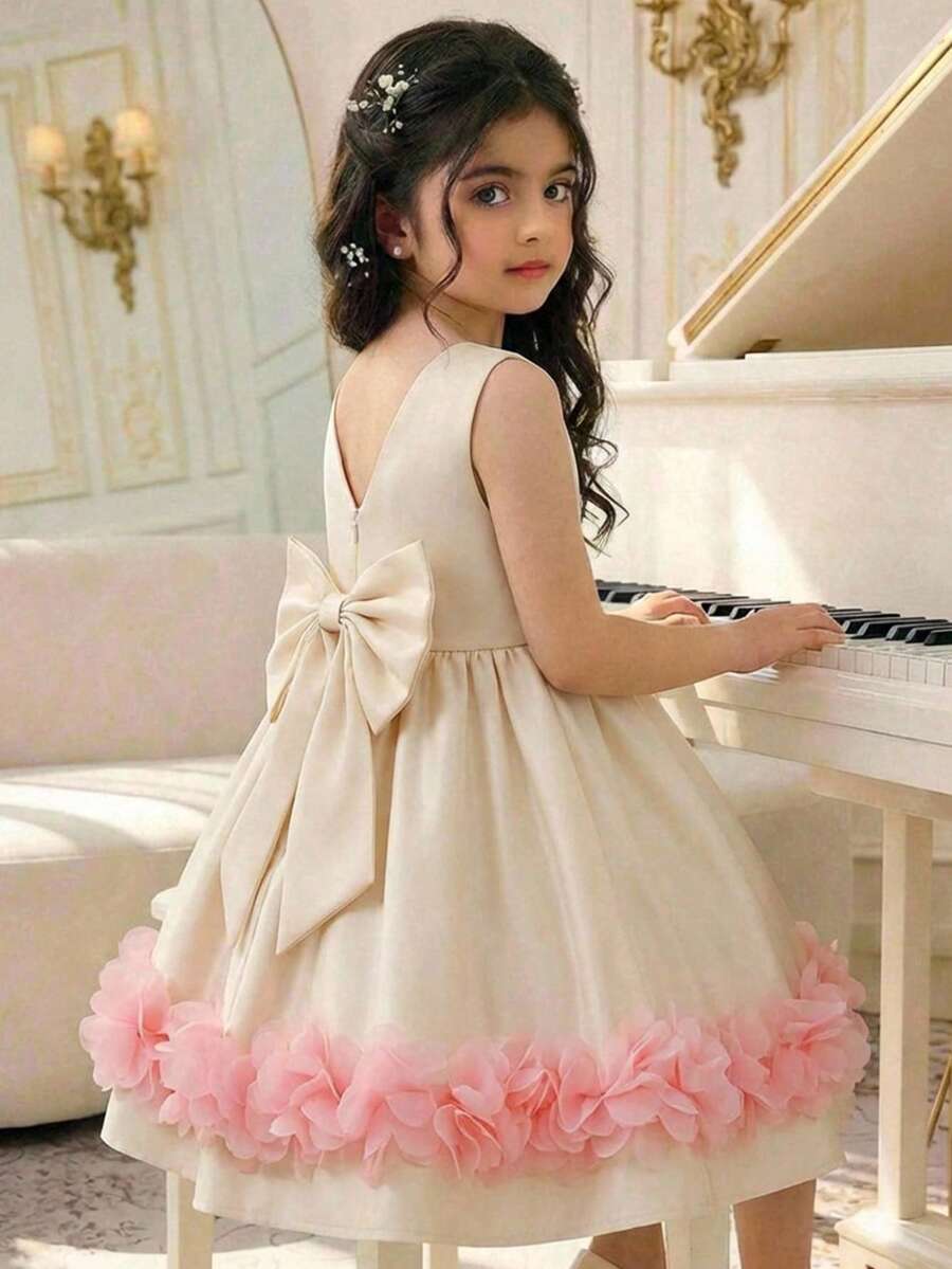 SHEIN 女童无袖纯色圆领拼接3D花朵休闲连衣裙 - 白色 - 查看 1
