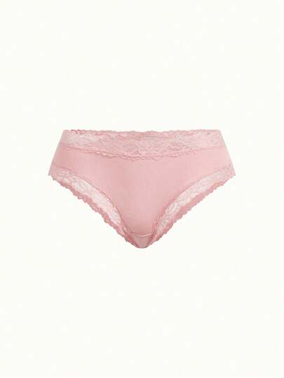1pc Women's Lace Trim Ribbed Romantic Low Waist Brazilian Panty