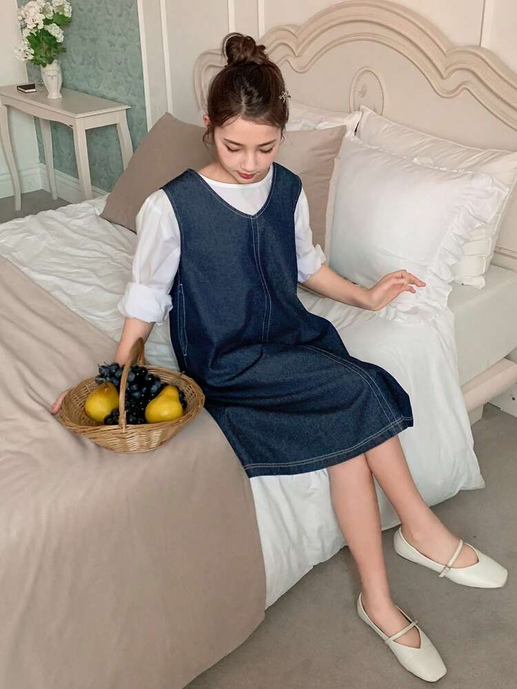 Tween Girls V-Neck Sleeveless Denim Dress, Fall