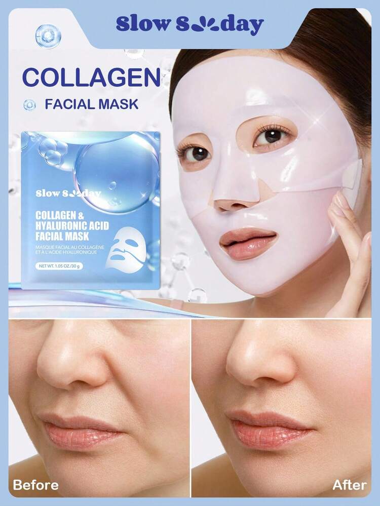 SlowSunday Collagen & Hyaluronic Acid Facial Mask, Korean Collagen Mask, Jelly Collagen Face Mask, Deep Moisturizing, Improve Elasticity, Smooth Skin, K Beauty, For Winter, Skin Care, Y2K, New Year, For Valentine's Day, Valentines Gift, Valentines Day Gift, Ideal For Party - Blue and White - View 1
