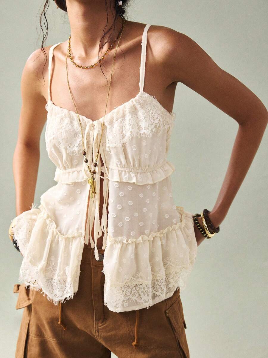 SoleilVie Women's Lace Trim Jacquard Fabric Tie Front Elegant Romantic Blouse - Apricot - View 1