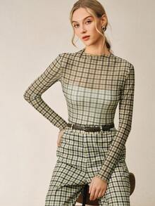 Anewsta Women's Fashionable Retro Brown Plaid Slim Fit Lightweight Long Sleeve Summer Tops - Green - View 1