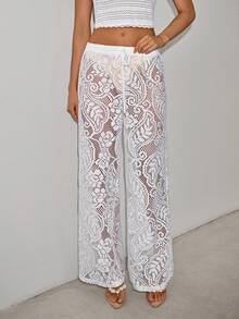 SHEIN ICON Women's Sexy Vacation Style Paisley Lace Semi-Sheer Flare Pants - White - View 3