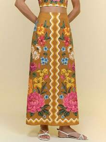 CAJUNI Women's Casual Vacation Elegant Yellow & Fuchsia Floral Peony & Lily Print Strapless Sleeveless Skirt 2-Piece Set, Date Outfit, Graceful Casual 2-Piece Set - Brown - View 6