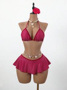 Swim Mod Women Red And White Polka Dot Bikini Set,Summer Tropical Beach Holiday Vacation,Spaghetti Strap Top&Ruffle Trim Contrast Bottom 2 Pieces Skirt Suit - Red - View 6