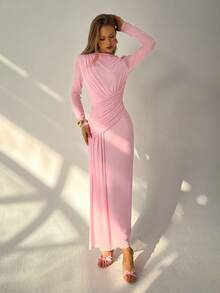 Aloruh 女士优雅不对称领口腰部褶皱网纱派对连衣裙 - 淺粉色 - 查看 4