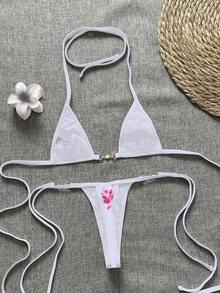 Swim Vcay Bộ bikini 2 món in hoa mới dành cho nữ, kiểu dáng hở lưng, dây mảnh, tam giác siêu nhỏ và quần lọt khe gợi cảm. - trắng - Xem 2