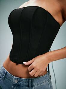 Denimoi Mesh Strapless Corset With Lace Up Back Closure Sexy Tops Mesh Corset GNO Clubwear Date Night - Black - View 1