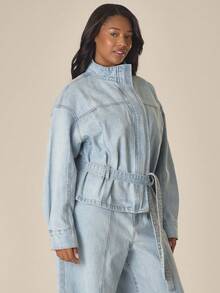 MUSERA Plus Size High Neck Zip Through Waist Tie Denim Jacket Spring Summer Cute Cosy Cottage Core Spring Dew - Blue - View 3