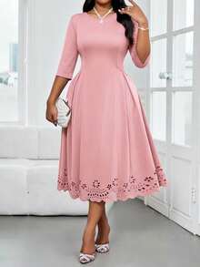 SHEIN Lady Robe longue unie grande taille à manches longues, minimaliste et à la mode, idéale pour l'été, Pâques, une remise de diplômes, une invitée à un mariage, une tenue décontractée chic ou une robe d'automne pour femme ronde. - Rose bonbon - Voir 4