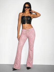 Jeanoix Quần jeans ống loe dáng casual họa tiết da báo thắt eo dành cho nữ - Hồng - Xem 6