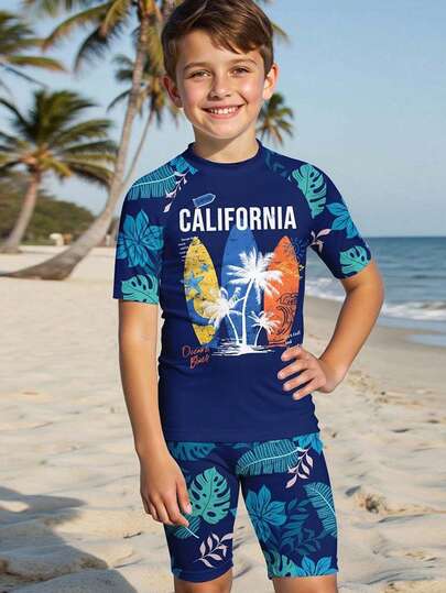 SHEIN Tween Boy Casual Vacation Style, Surfing & Skateboard Graphics, Palm Tree Printed Crew Neck Short Sleeve Shirt And Shorts Swimwear Set, Suitable For Summer