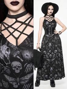 ROMWE Đầm đen không tay in hình đầu lâu Gothic, bướm đêm, bướm ngày, nấm, cây cối, ngôi sao năm cánh. - màu đen - Xem 1