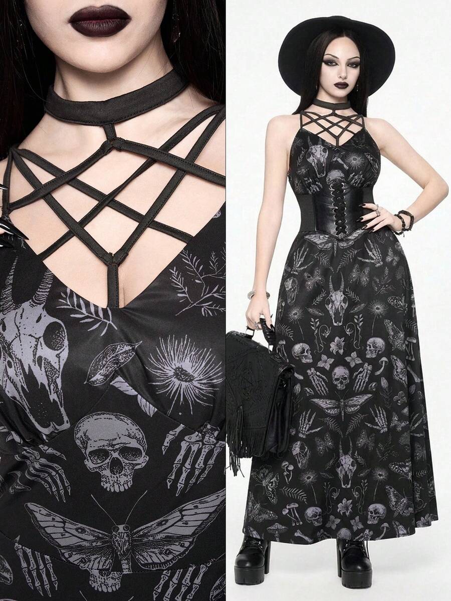ROMWE Đầm đen không tay in hình đầu lâu Gothic, bướm đêm, bướm ngày, nấm, cây cối, ngôi sao năm cánh. - màu đen - Xem 1
