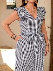 SHEIN LUNE Plus Size Women V-Neck Flutter Sleeve Tie Waist Plaid Print Jumpsuit With Pockets, Elegant For Outdoor & Commute - Black and White - View 4