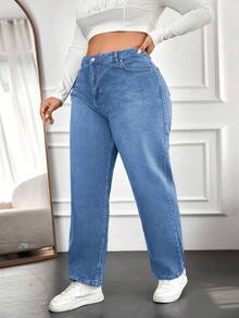 SHEIN Cottnline 女士大尺碼純色直筒牛仔褲,搭配斜口袋 - 藍色 - 查看 4