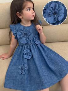 Young Girl Blue Fashionable Sleeveless Round Neck 5-Petal 3D Flower Collar Droplet Dress - Blue - View 5
