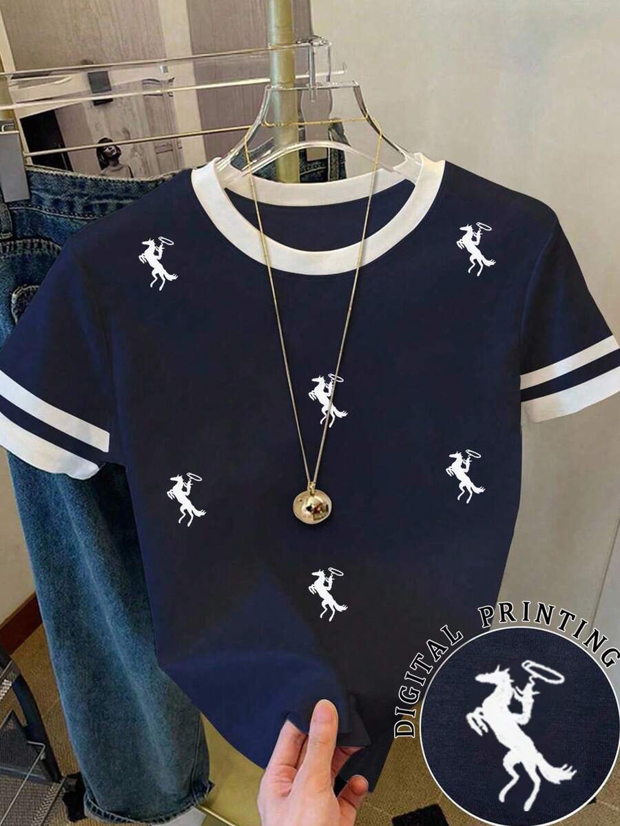 SHEIN Women's Contrast Trim Embroidered Round Neck Casual Short Sleeve T-Shirt - Navy Blue - View 1