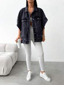 SHEIN Cottnline Women's Bat Short Sleeve Denim Jacket - Dark Grey - View 3