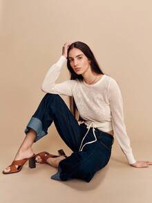 lacRébo 高腰深色阔腿牛仔裤，前部有褶皱，裤脚可卷起，优雅的春夏牛仔裤，法式巴黎风情 - 深色水洗藍 - 查看 3