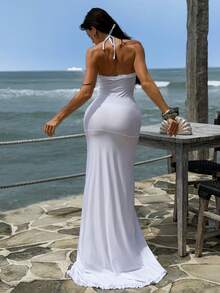 Bonvoyette Vestido largo y transparente elegante de color blanco como cubierta para el verano - Blanco - Ver 2