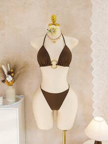 Bonvoyette Swim SXY Damen elegantes, leicht grünes, transparentes Mesh 4-teiliges Bikini-Set, 2026 Neckholder-Bikini-Top & -Hose mit langärmeliger Chiffon-Bluse & Sarong-Minirock, goldene Metallring-Details, lässige Bademode für Sommerurlaub, sexy figurbetonter Urlaubsoutfit, Pool-Party Grün Bademode-Set für Damen - Braun - Übersicht 6
